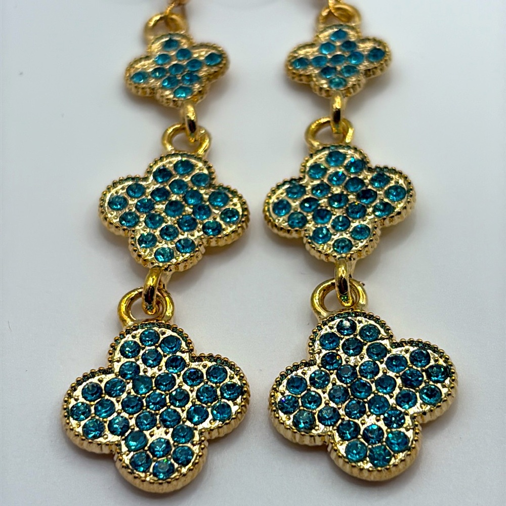 Gold and Blue 4 Leaf Clover Earrings 3” long NWOTS